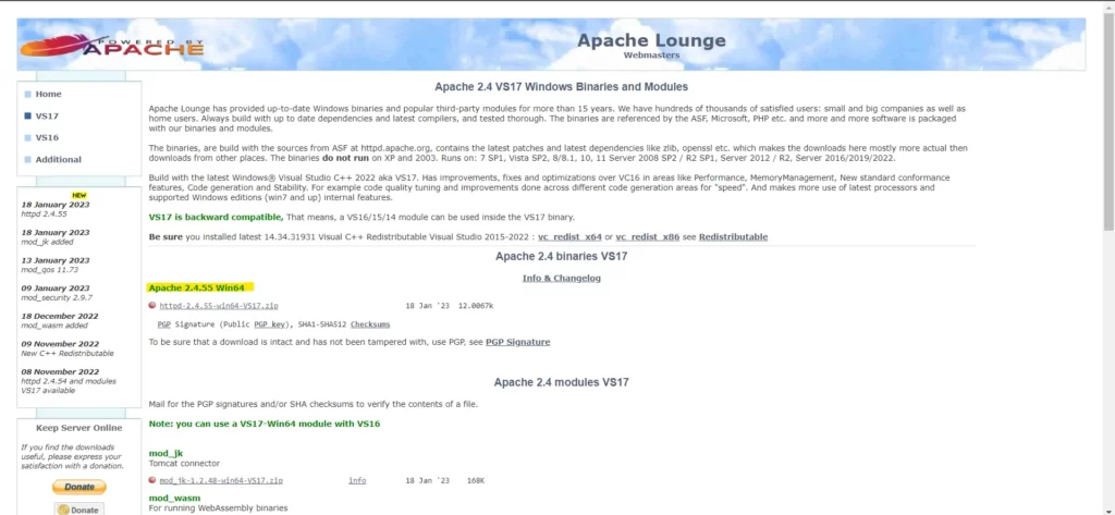 Screenshot ze strony apachelounge.com