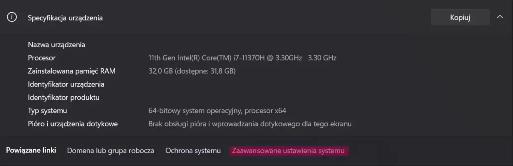 Screenshot z ustawień systemu windows