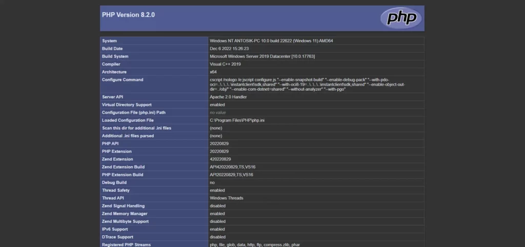 screenshot ze strony localhost