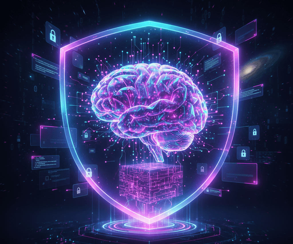 Cyfrowa wizualizacja koncepcji Lokalne AI przedstawiająca świecący mózg chroniony przez tarczę cyberbezpieczeństwa, symbolizująca prywatność, brak cenzury i niezależność od chmury.